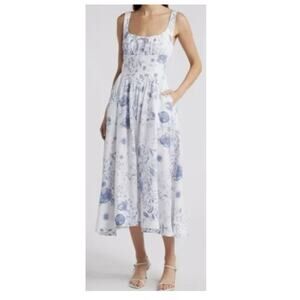 Reformation Balia Linen Dress Size 12 Blue Floral Summer Larkspur